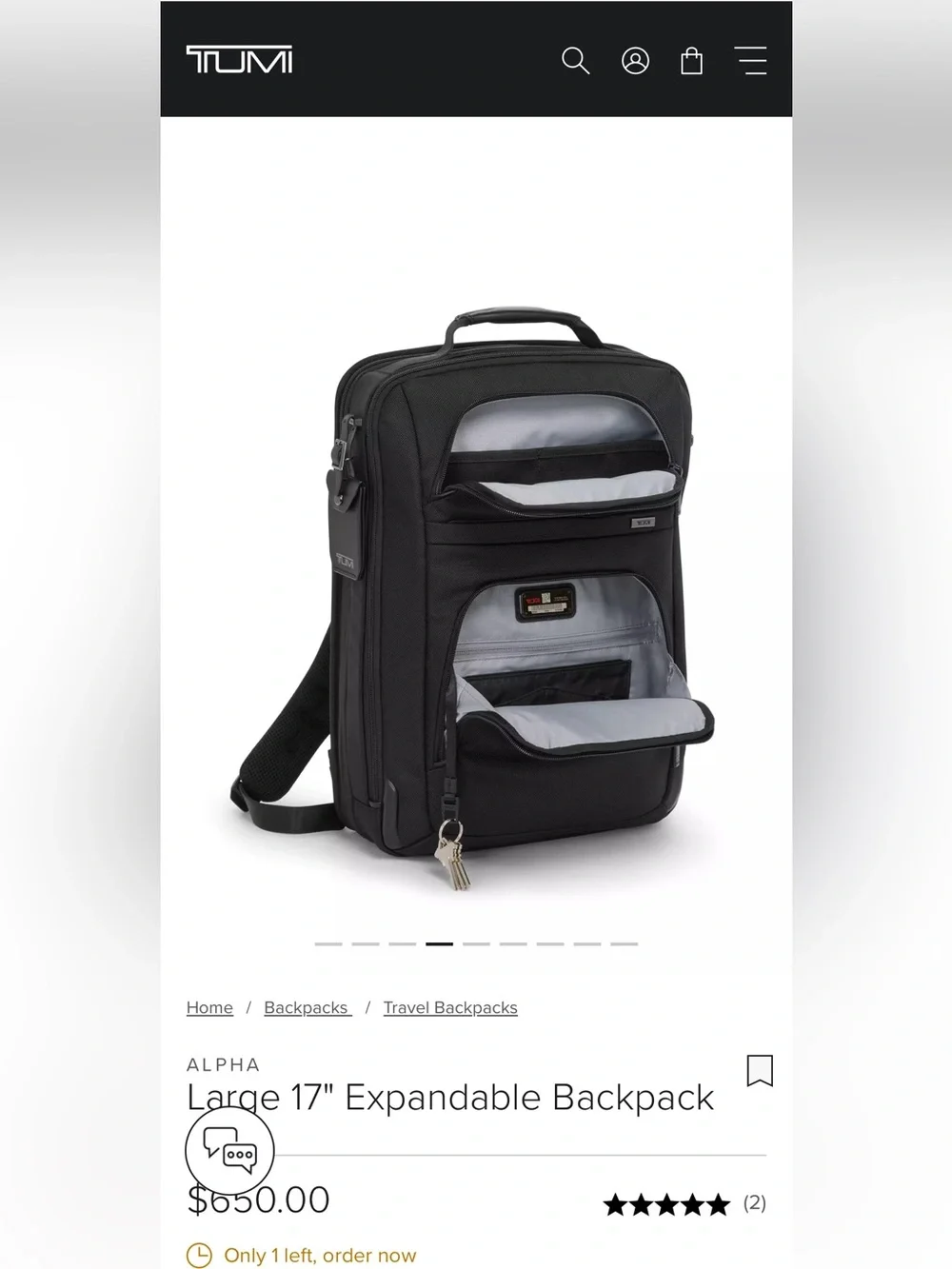 Tumi Black Ballistic Nylon Expandable Backpack with Leather Trim